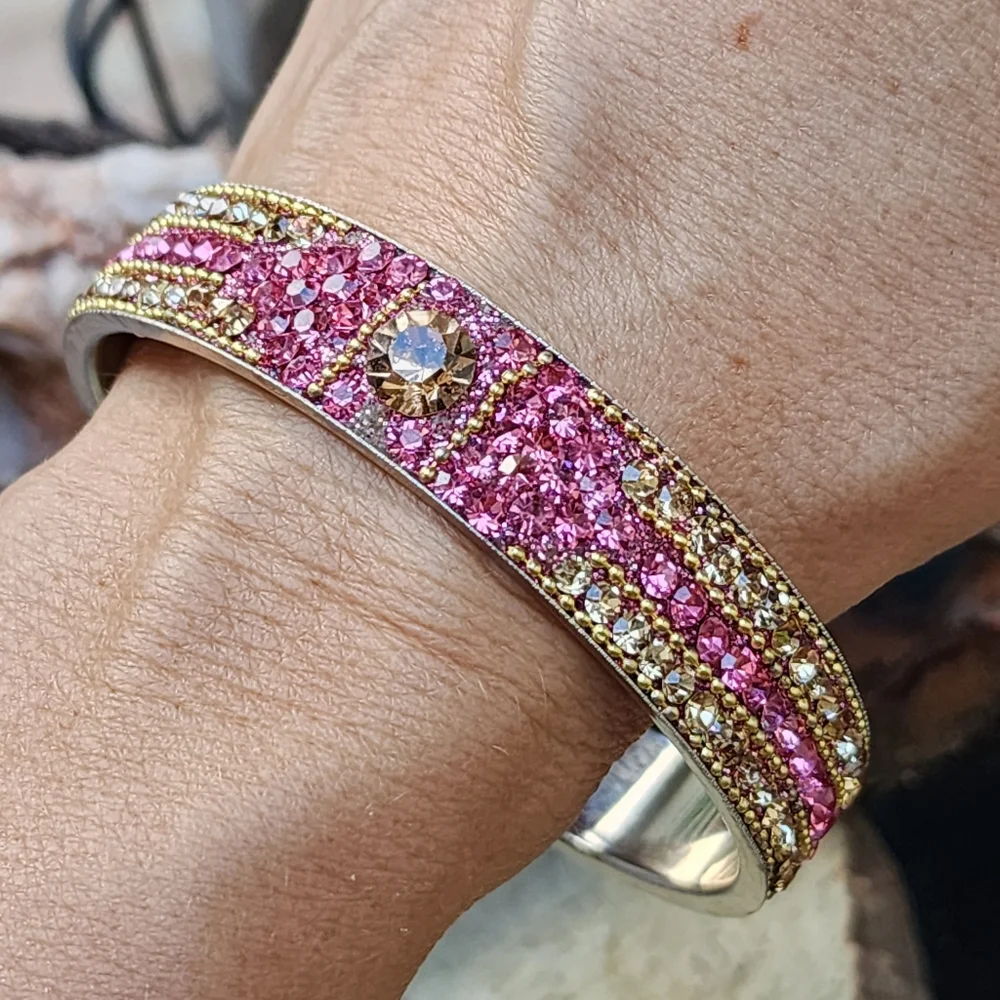 ❤️ Sparkling Hot Pink Crystals Silver Bracelet Wide Indian Bangle jewelry